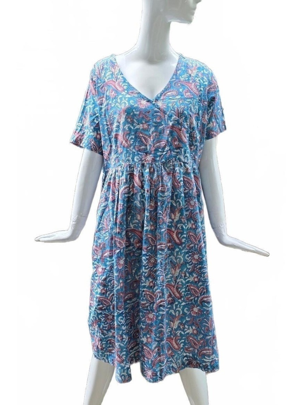 Boho Blue Paisley Print V-Neck Cotton Short Sleeve Midi Dress XL Itokri label